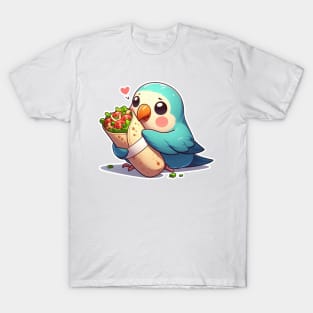 cute love birds are eating Mexican specialties, Tacos, Burritos, Enchiladas, Quesadillas, Guacamole, Fajitas, Chiles Rellenos, Tamales, Mole, Chilaquiles, T-Shirt